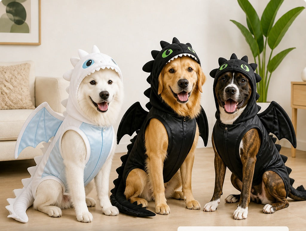 Three dogs wearing Dragon Pup Onsie dragon costumes - one white Light Fury and two black Night Fury