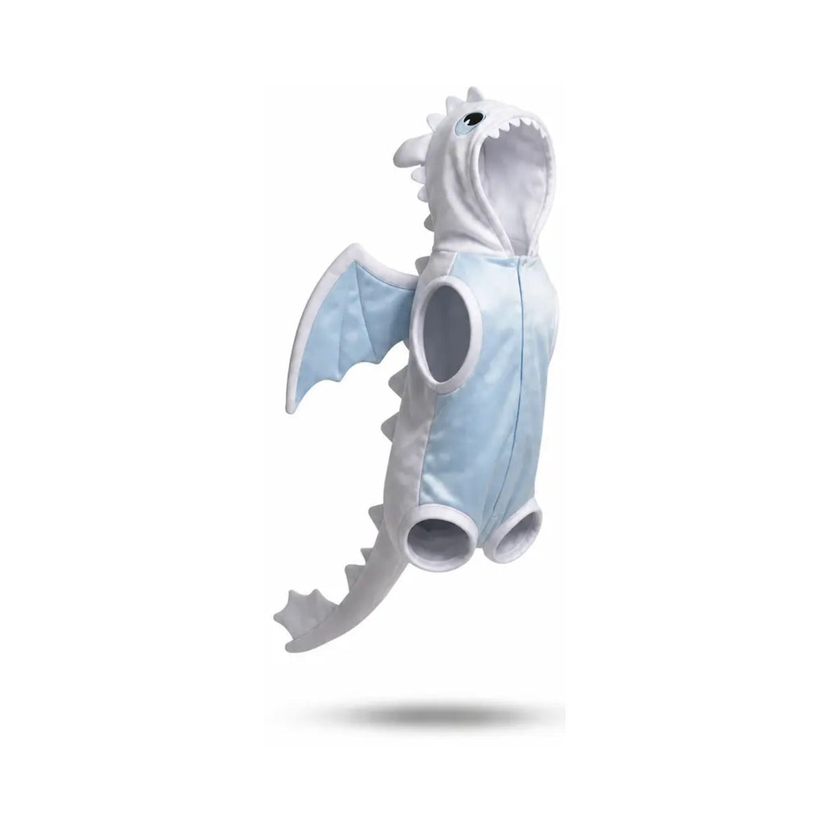 Light Fury dog onsie in white and pale blue with sculpted ridge spikes, wings and ear hood