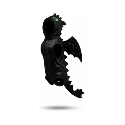 Night Fury dog onsie in matte black with sculpted ridge spikes, wings and ear hood