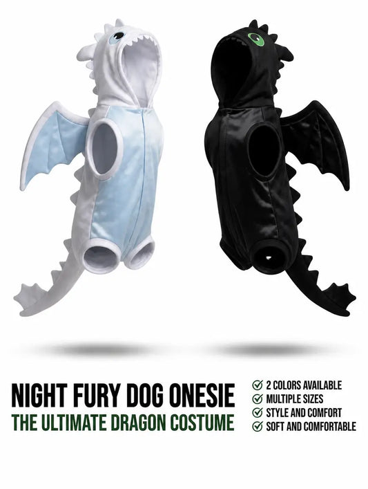 Dragon Pup Onsie in both styles - white and pale blue Light Fury beside matte black Night Fury