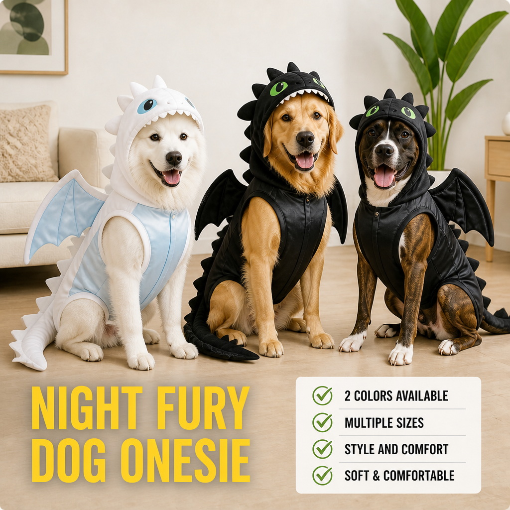 Three dogs wearing Dragon Pup Onsie dragon costumes - one Light Fury and two Night Fury